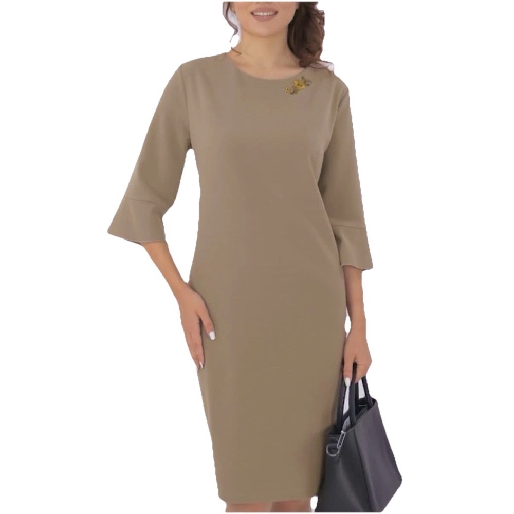 Calvin Klein Tan 3/4 Split Bell Sleeve Stretch Crepe Sheath Dress Size 4